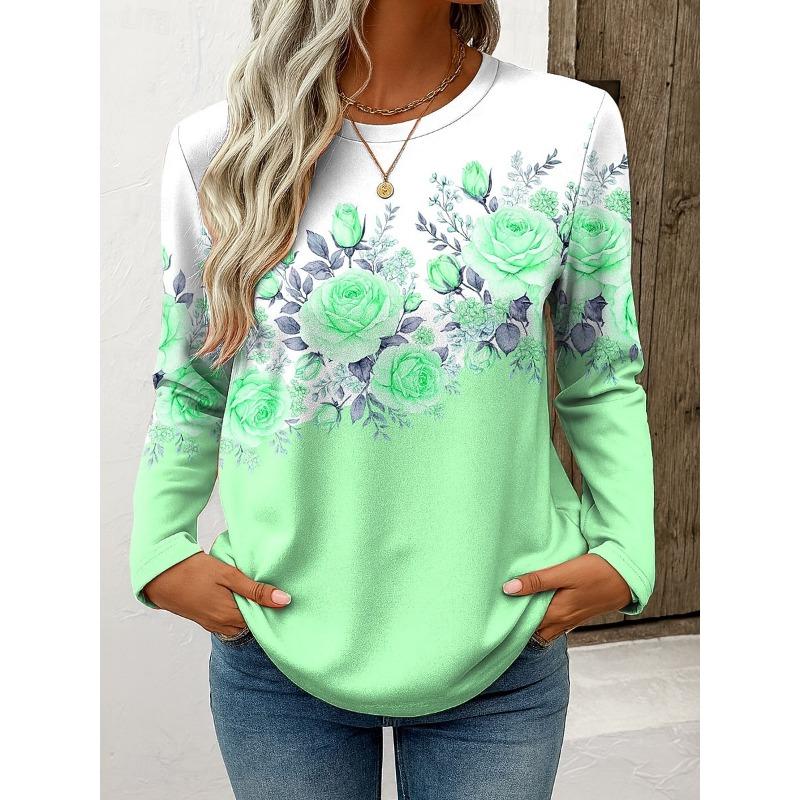 

Женская футболка Повседневные топы с длинным рукавом Футболки с цветочным графическим принтом Рубашка Блузка Круглый вырез Осень Зима Уличный стиль y2k Пуловер 8XL