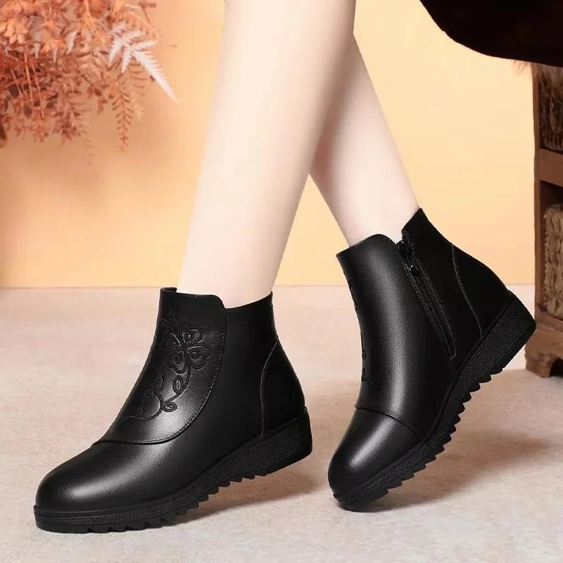 3.5 Fashion Med Heels Wedges Shoes Women Snow Boots Winter 2025 Floral Print Soft Leather Warm Fur Ankle Boots for Office Mom
