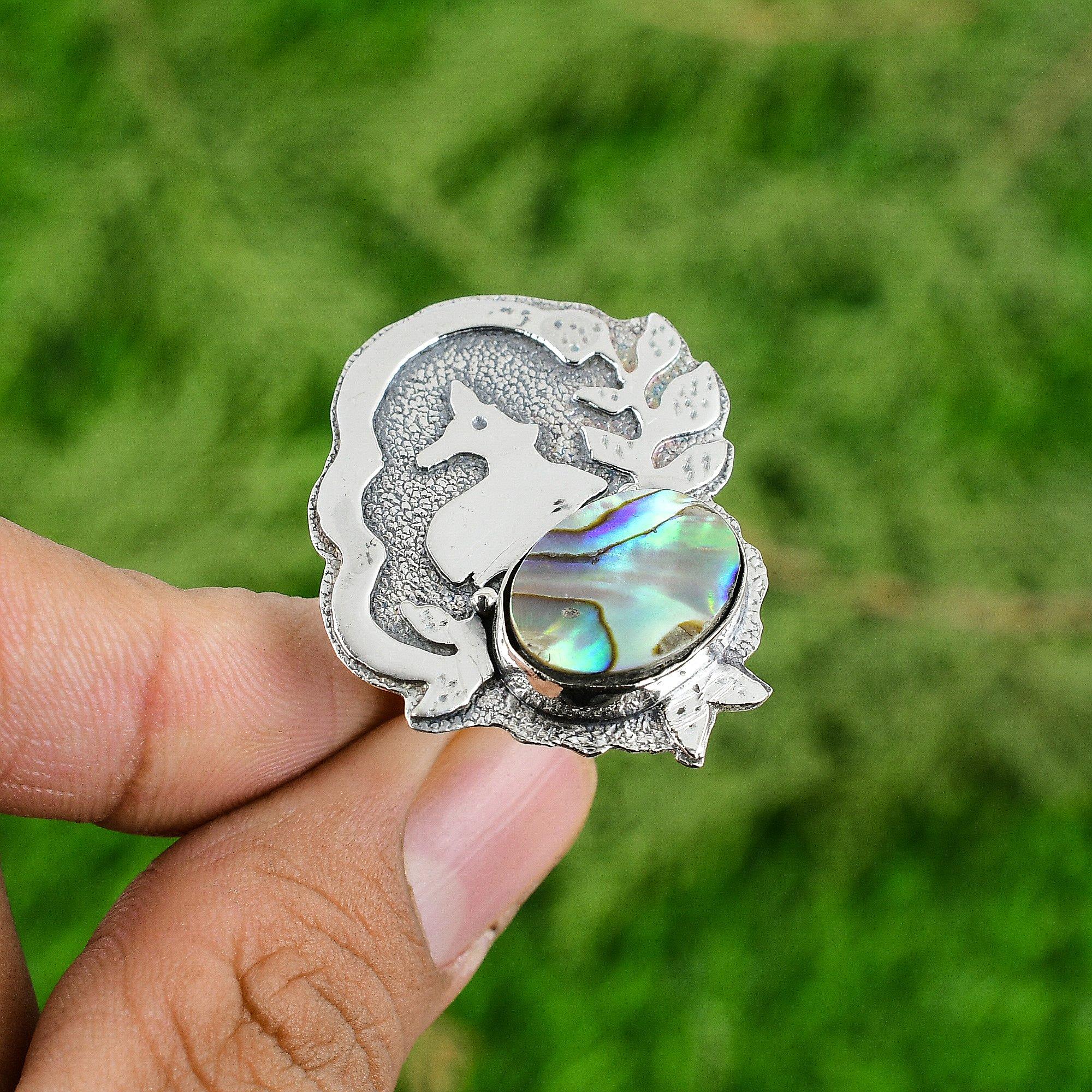 

925 Silver Oval Natural Abalone Shell Bezel Wife Statement Wedding Ring Jewelry Adjustable
