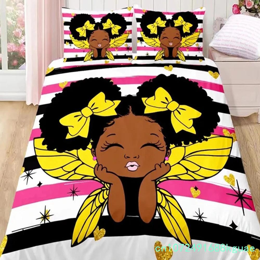 American Black Girl Duvet Cover Set,Black Girl Magic Bedding Set Full Size,Cute Little Afro Black Princess Comforter Cover Sets