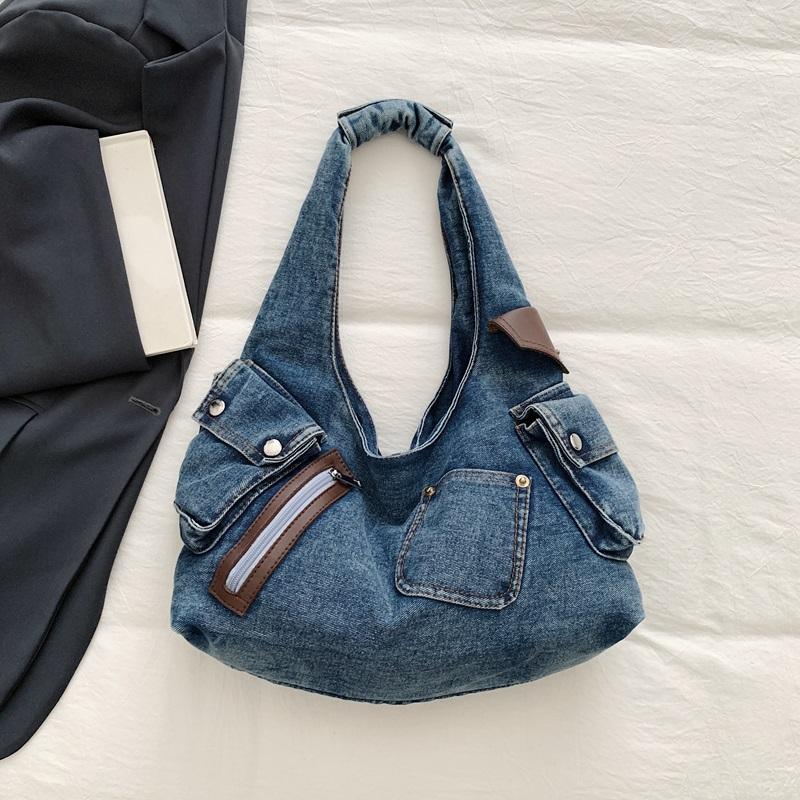 Washed Denim Slouchy Hobo Bag with Multi Pocket Design and Ruched Strap Casual Shoulder Purse for Women Daily Travel