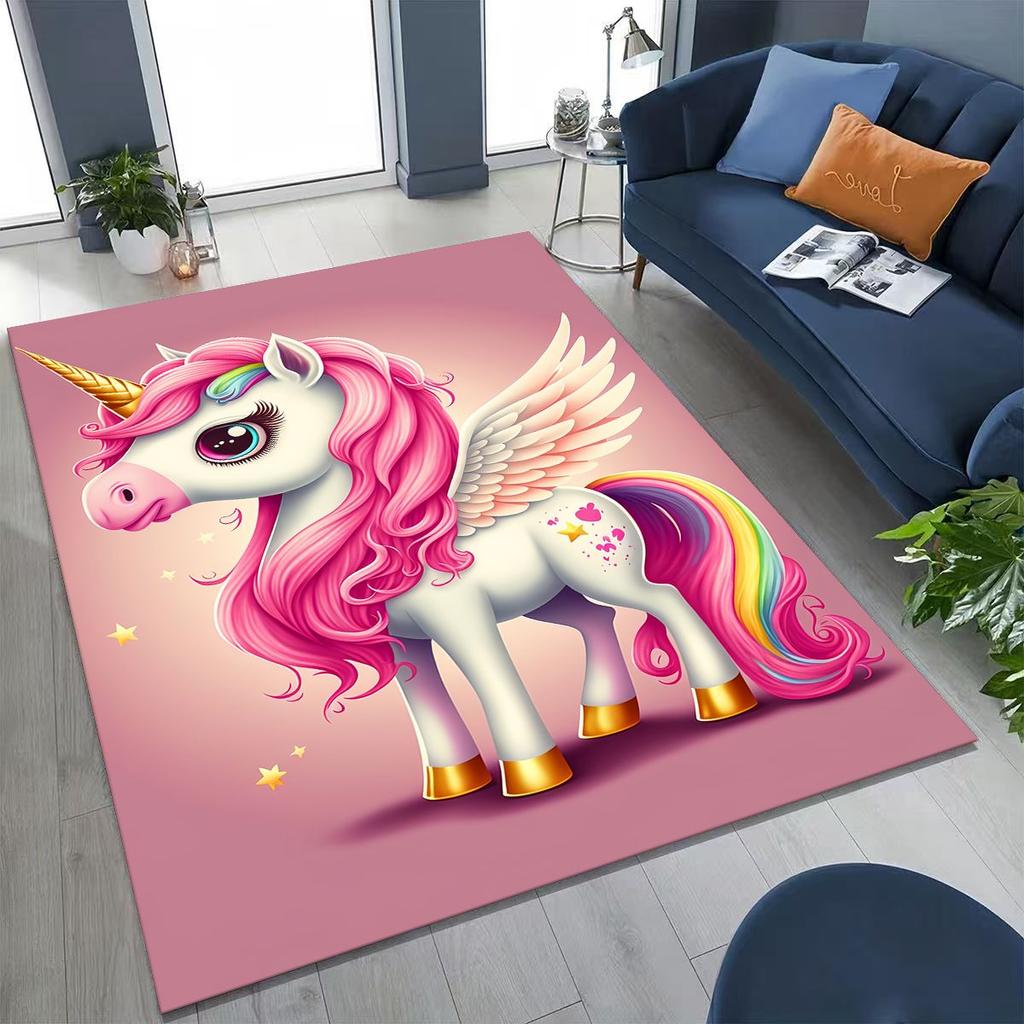 Cartoon Rainbow Unicorn Elves Girl Gift Rug for Bedroom Living Room Sofa Home Doormat Decor, Large Kid Play Non-slip Floor Mat