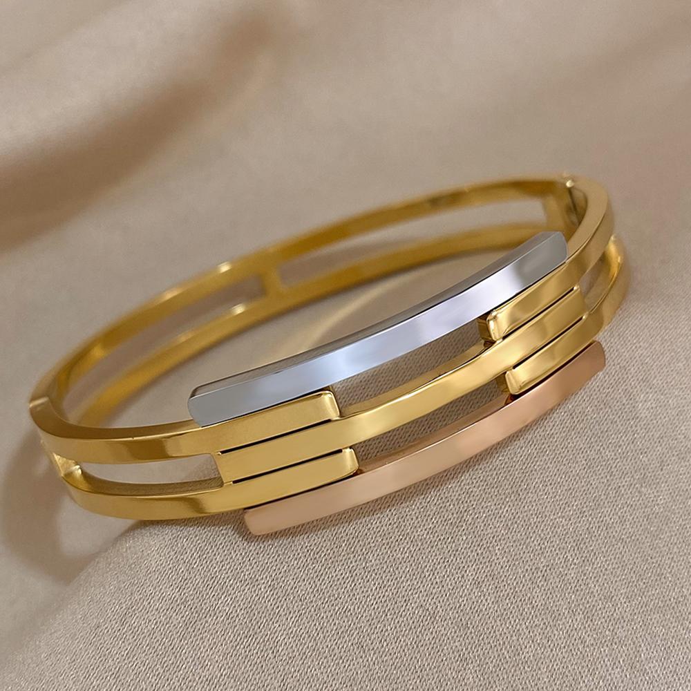 Stainless Steel Chunky Geometric Intersect Bracelets for Women Men Layered Gold Silver Color Rose Gold Hit Colors Bangles