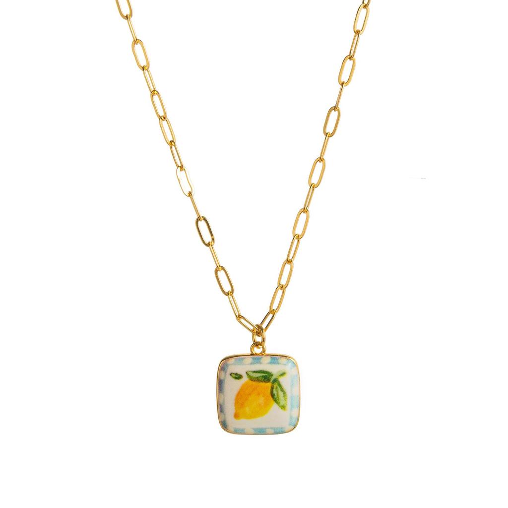 European-American Fresh Plant Series: Lemongrass & Strawberry Bow Pendant Necklace, Clavicle Chain Copper.