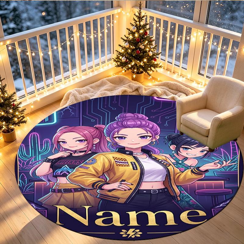 Custom Name Personalized Kpop Demon Hunter Print Round Rug, Versatile Home Decor Carpet, for Playroom, Apartment, Balcony, Entryway, Hallway Gift