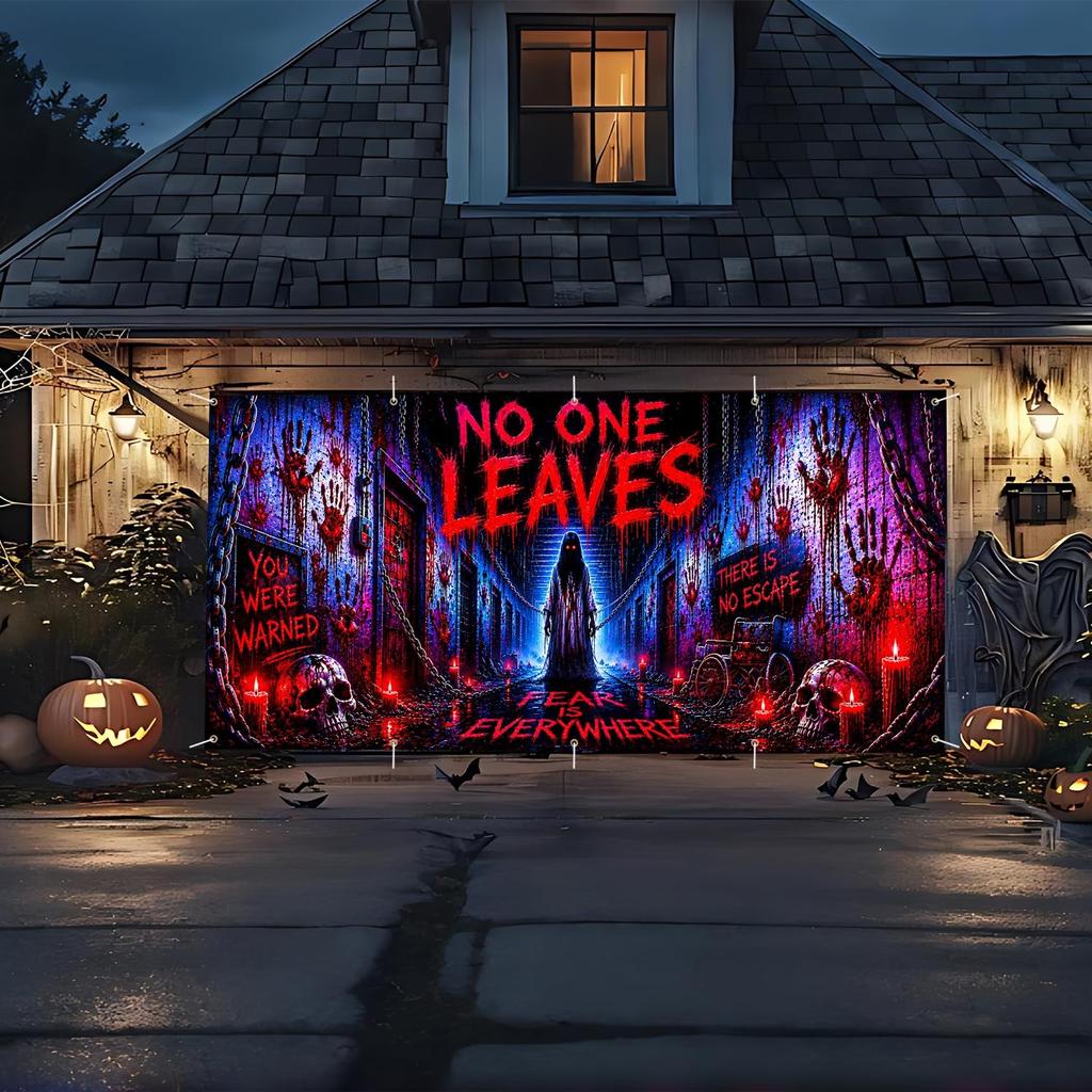 7x16 FT Halloween Garage Door Banner Cover, Bloody Handprints Ghost
