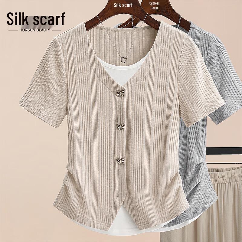 Women s Faux Two-Piece Slim-Fit Short Sleeve T-Shirt S