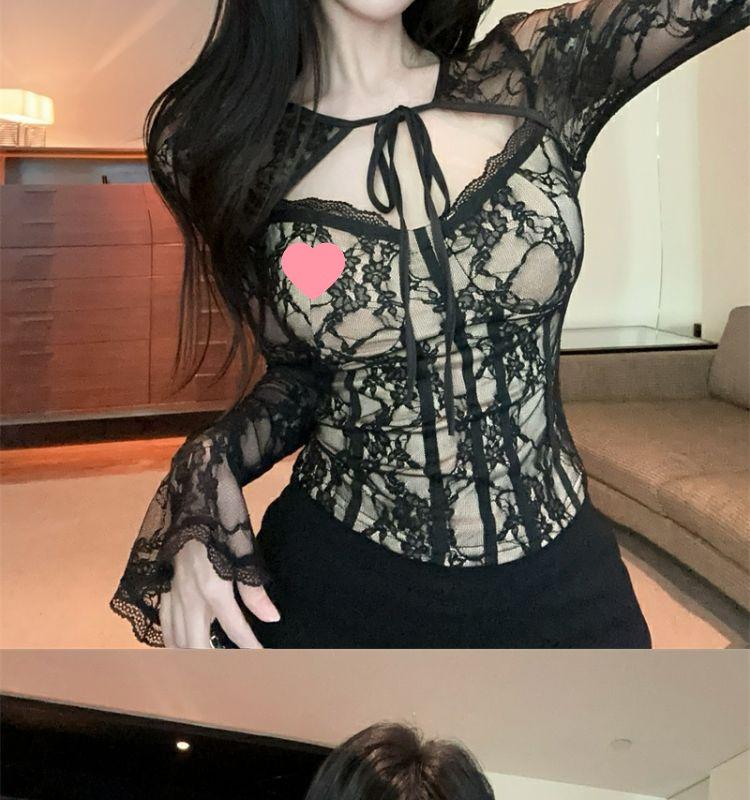 Women's Black Lace Square Neck Long Sleeve Top, Autumn Base Layer, Yù Jiě Style - Sophisticated, Elegant, Tight, Short.