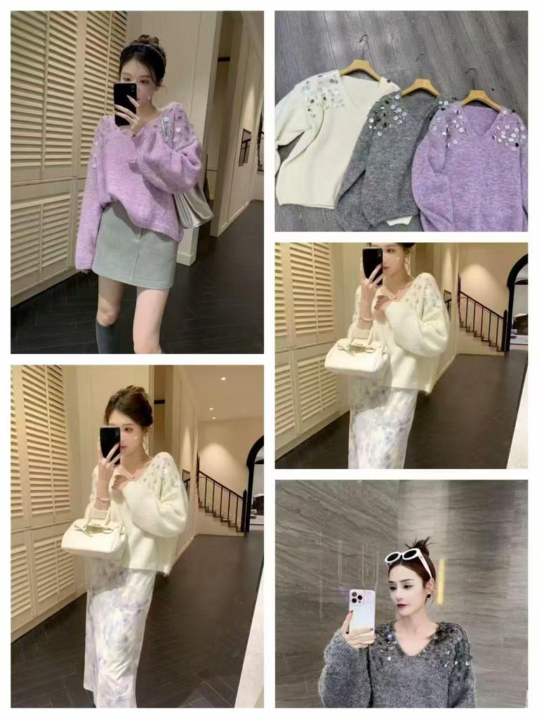 Women's 2025 Autumn/Winter Purple Sequin Knit Sweater - Relaxed, Soft, and Stylish