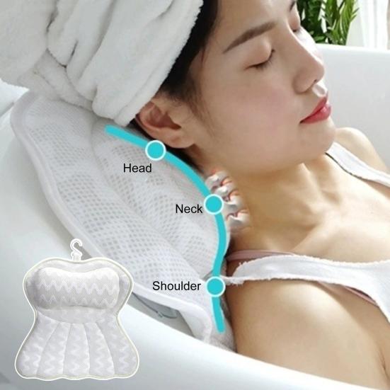 Bathtub Pillow with 6 Suction Cups Hook Washable Ergonomic Air Mesh Non-slip Neck Shoulder Back Support Thick Soft SPA Headrest Cushion Bathroom