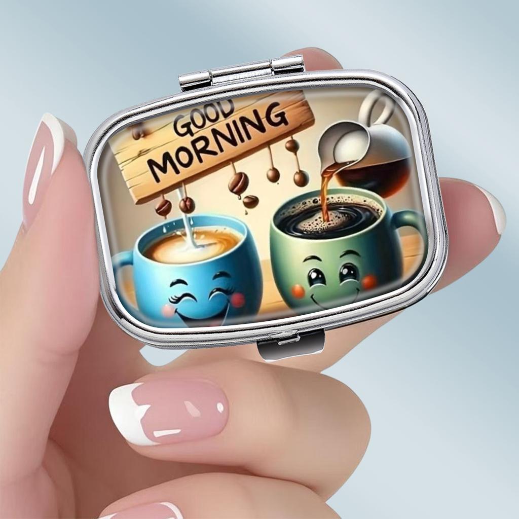 Portable Pill Box with 2 Compartments, Mini Metal Medicine Organizer Case, Cute Printed Pill Container for Vitamins, Pills, Jewelry, Travel, Daily Use