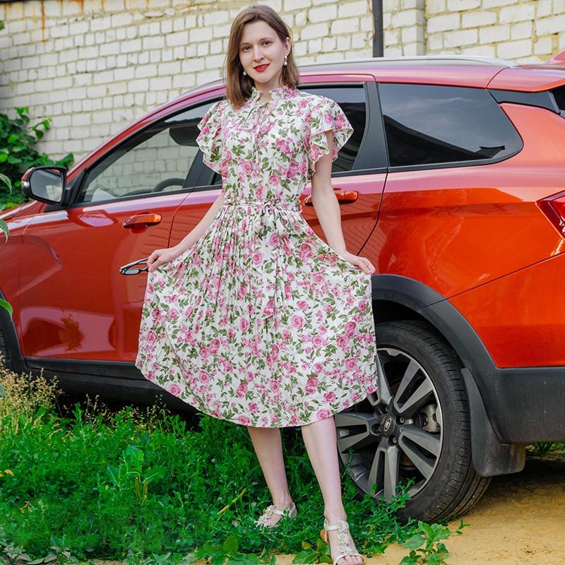 Letní dámské bílé květy s potiskem dámské jaro léto vintage ležérní šaty s krátkým rukávem do O-výstřihu do poloviny lýtek