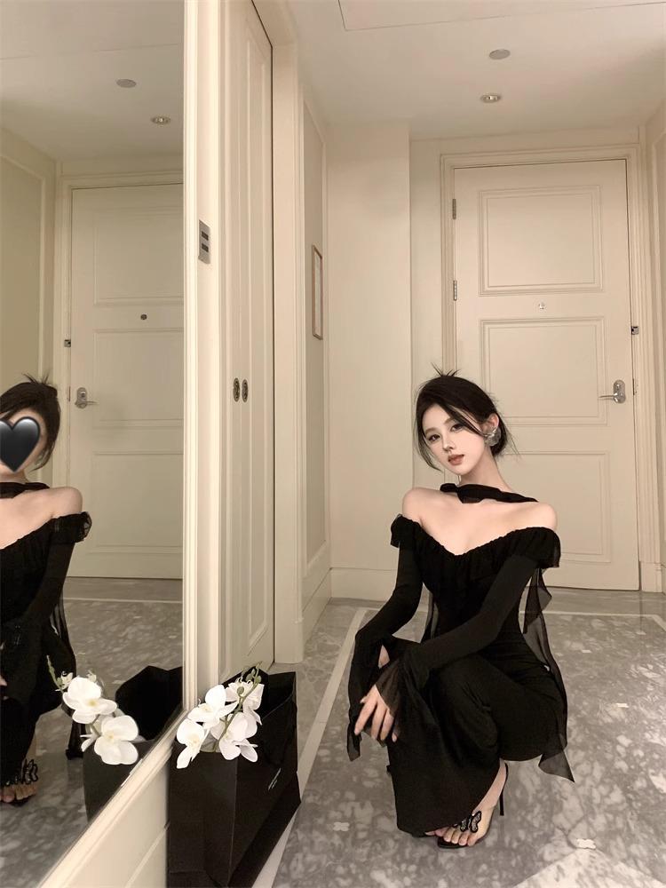 Elegant 2026 French Hepburn Black One-Shoulder Long Dress for Women - High-End Sexy Bodycon Gown for Spring and Autumn