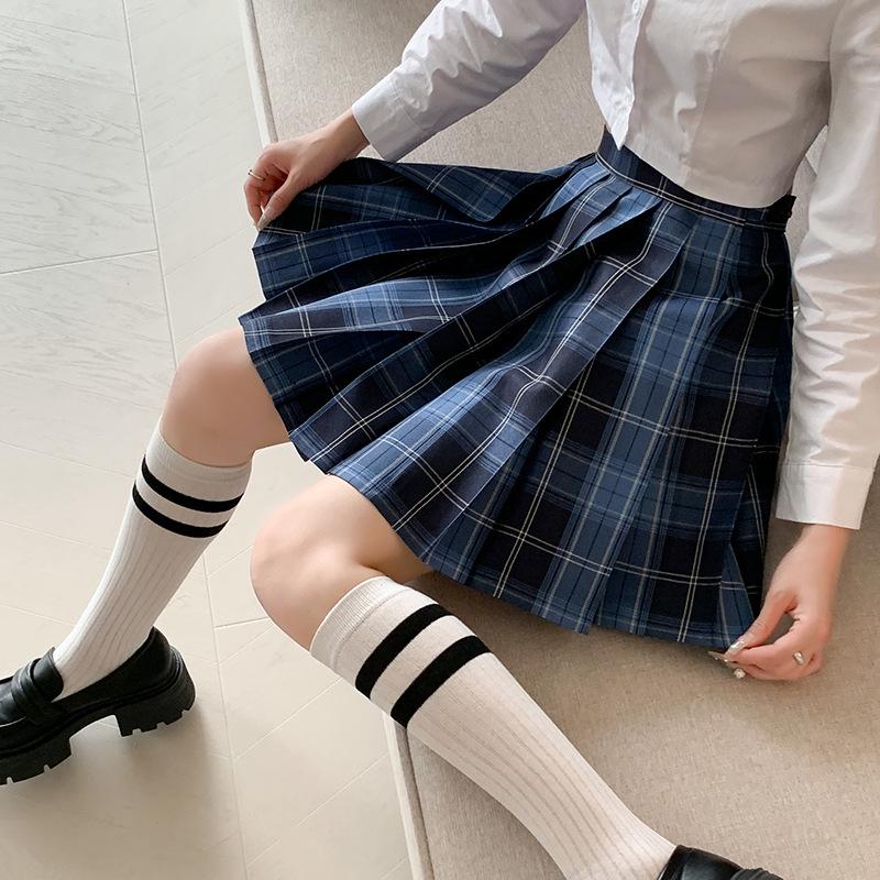 Women's Blue Plaid A-Line High Waist Pleated Skirt - College Style, Plus Size, Short Length for Spring & Autumn