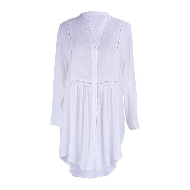 Cubierta de traje de baño para mujer Vestido de playa Túnica de algodón Blanca Botones Camisa casual de verano Ropa de baño