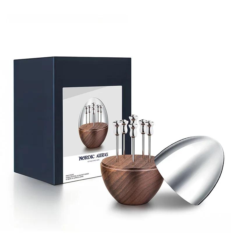 Walnut Toothpick Holder with Stainless Steel Cover, 6Pcs Fruit Picks, Cocktail Picks, Toothpick Box for Home Decor, Party, Bar