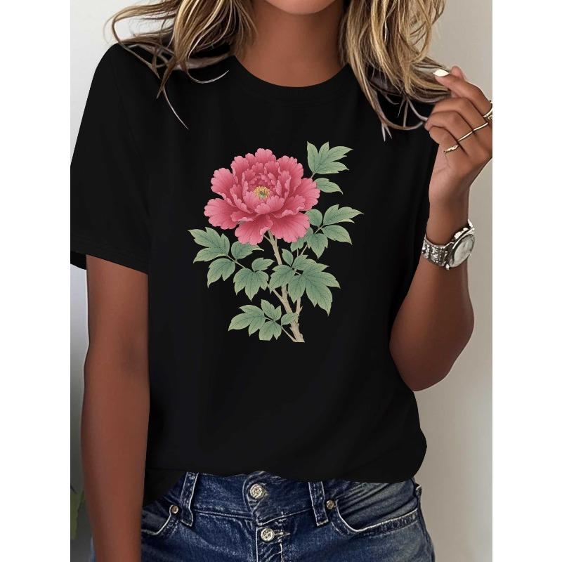 European Size Women's T-Shirt with Pink Peony & Green Leaf Floral Print - Relaxed Fit Short Sleeve Round Neck White Blouse,Chinese Peony Flower Design