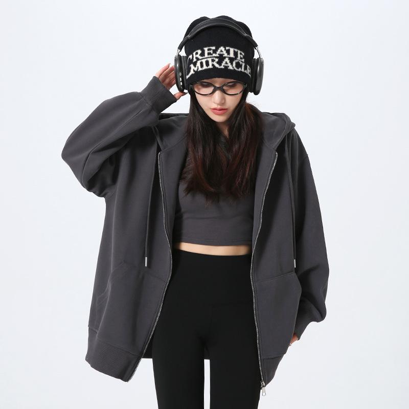 Korean-Style High-End Women's Drop Shoulder Hoodie Sweatshirt - Autumn 2024 Loose Casual Long-Sleeved Cardigan Jacket