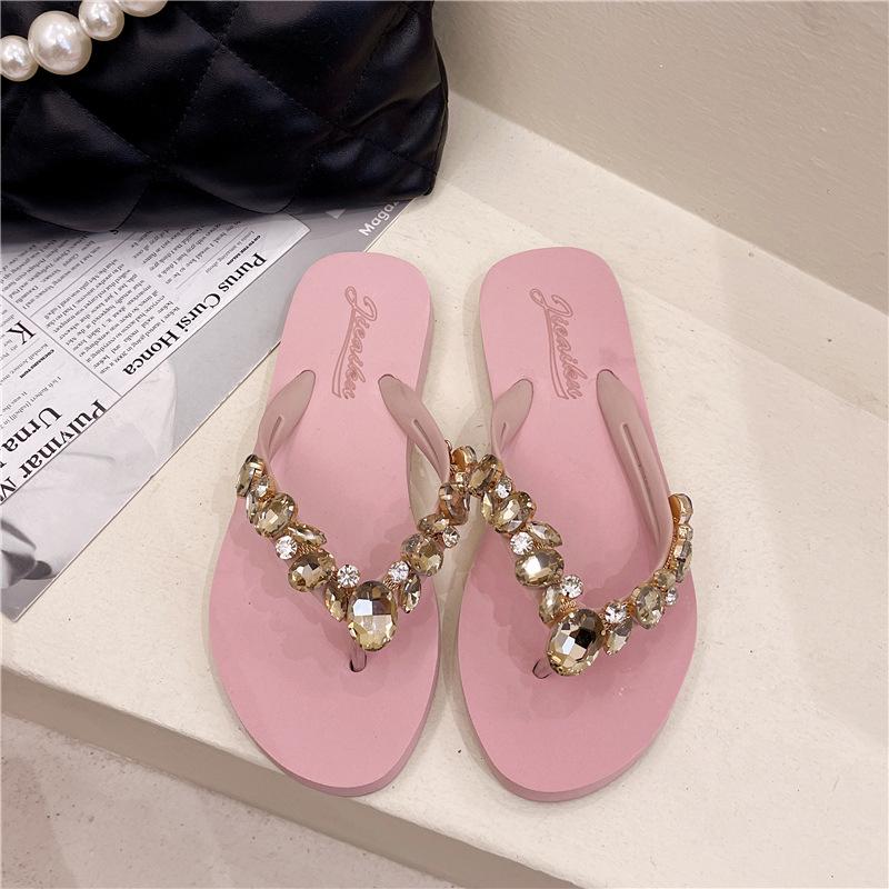 Women's Crystal Rhinestone Flip Flops - Flat, Stylish, Non-Slip Sandals for Beach & Outdoor Wear