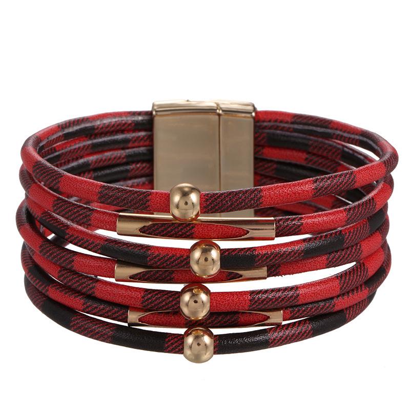 Leopard Print Magnetic Buckle Leather Bracelet: Alloy Beaded Cord with Copper Tube