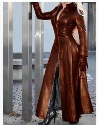 Women's Long PU Leather Coat Zip Up Stand Collar Slim Fit Long Sleeve Maxi Jacket Oversized Winter Streetwear