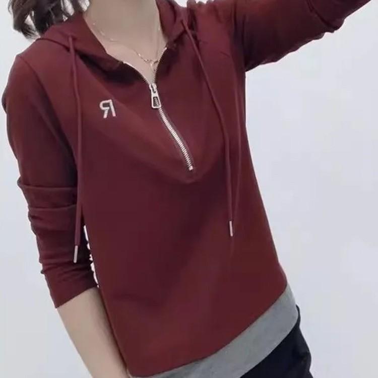 Half-zipper Hooded Long-sleeved Foreign-style Spring and Autumn Top Splicing Color Fake Two-piece T-shirt Women