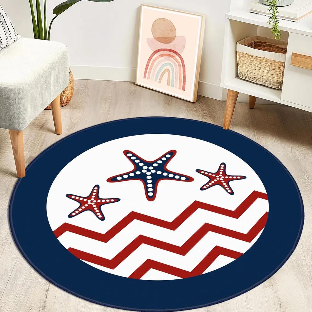 Nautical Ship Wheel Round Rug Navy Blue and White Non Slip Floor Mat for Coastal and Beach House Decor