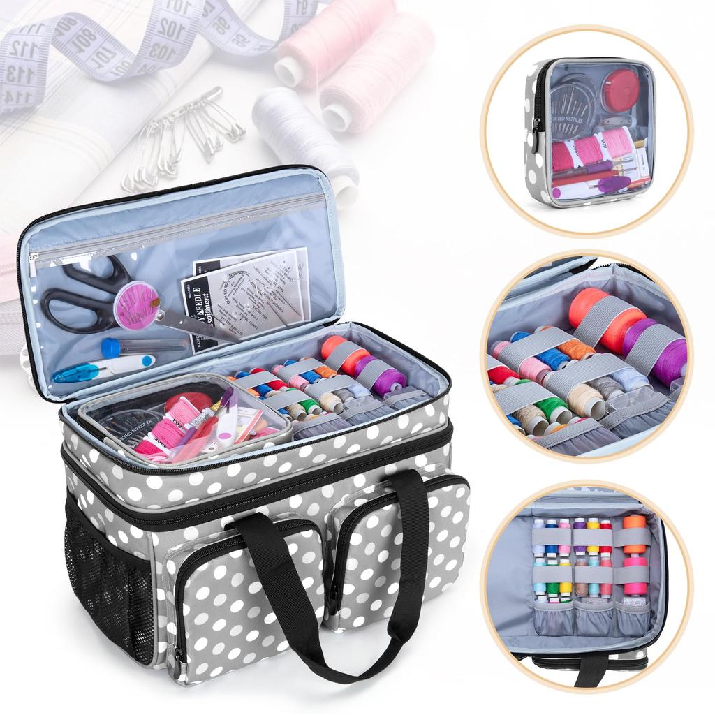 BAFASO Sewing Large Capacity Sewing with Divider Pads and Removable Sewing Box Bag Gray Dot Box, Bag, Double-Layered Pouch, Only,