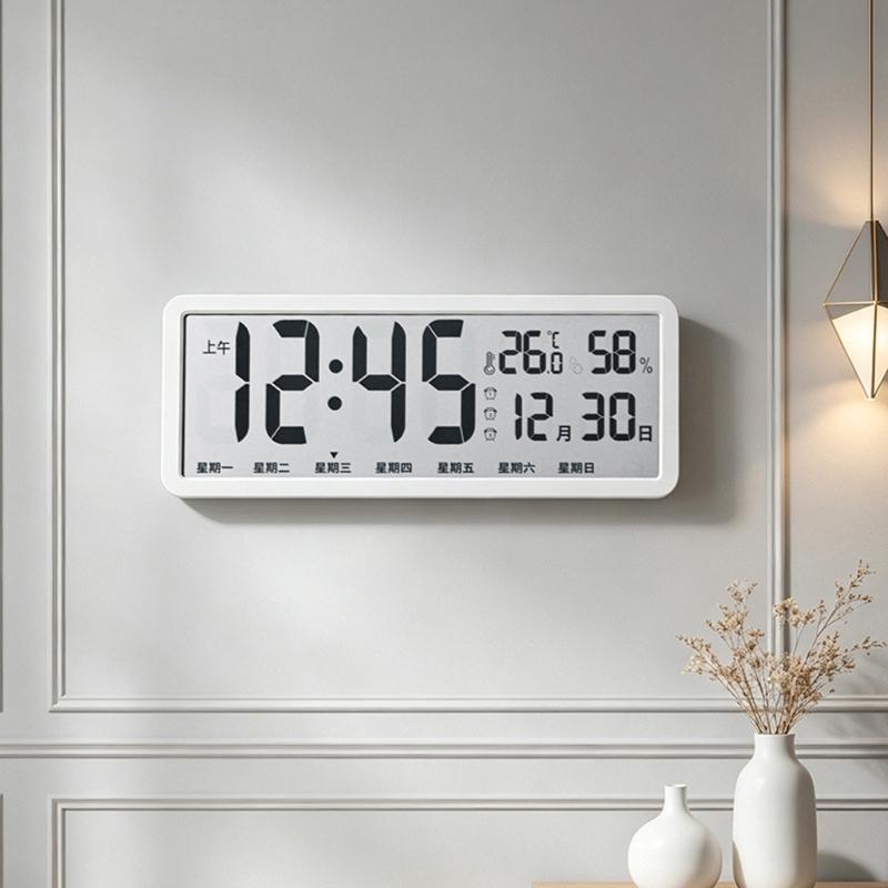 Electric Wall Clock Wide Screen Digital Wall Desk Clock with Chinese Calendar Screen, Temperature and Air Moisture Display for Daily Use