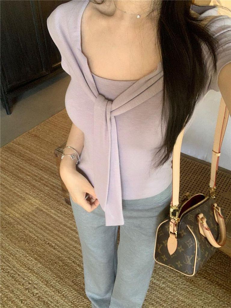 Summer 2025 Chic Square Neck Tie-Waist Tee: Slimming Short Sleeve Women's Top