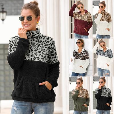Women Hoodies Top Zipper Lapel Double-sided Velvet Leopard Pattern Stitching Sweater Women