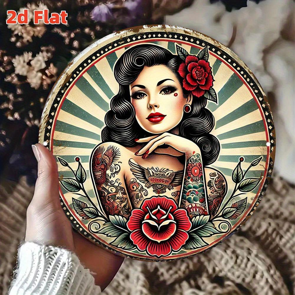 Vintage Tattoo Lady Metal Wall Art Round Retro PinUp with Traditional Tattoo Designs Durable Aluminum Sign for Tattoo Studio 20x20cm(8x8inch)