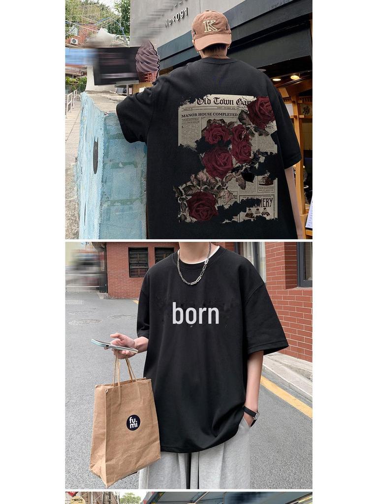 Herren Oversized T-Shirt mit Rosenprint im Retro-Stil – Neuer trendiger Sommerstil