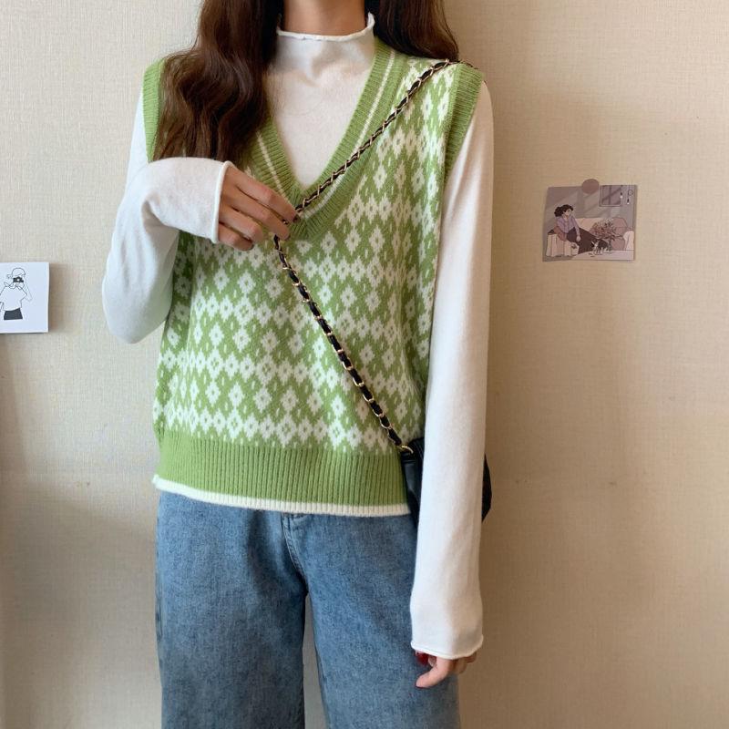Autumn Fashion Female Vintage Plaid Sweater Vests Women's Tank Tops Knitted Crop Top Women Sleeveless Knitted Vest Waistcoat