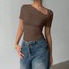 Chemise Femme Manches Courtes Col Biais Style Commuting Hauts Décontractés Coupe Ajustée Couleur Unie T-shirt d'Été