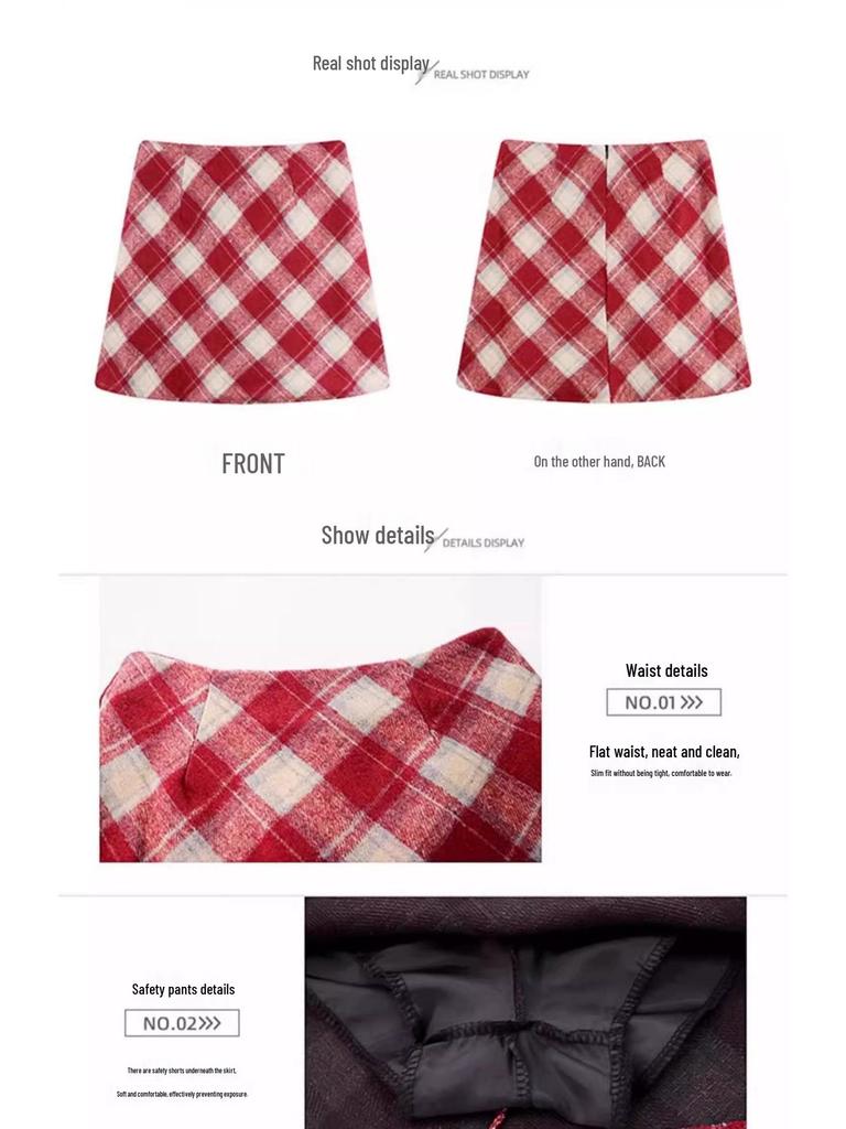 Women's A-line Plaid Retro Red Short Skirt - Autumn/Winter Petite Wool, Hip-hugging