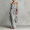 Women's Loose Fit Two Piece Outfit Set Off Shoulder 3/4 Sleeve Top High Waist Wide Leg Pants