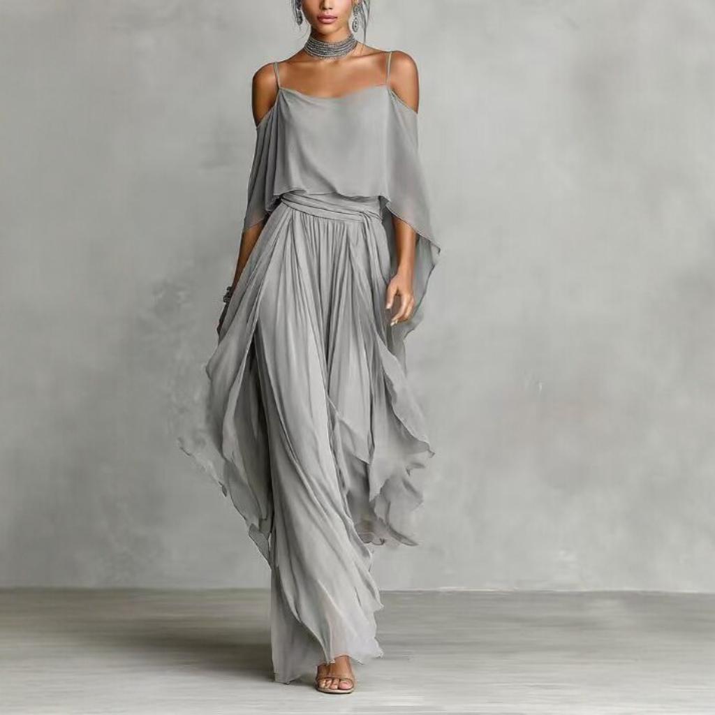 Women's Loose Fit Two Piece Outfit Set Off Shoulder 3/4 Sleeve Top High Waist Wide Leg Pants