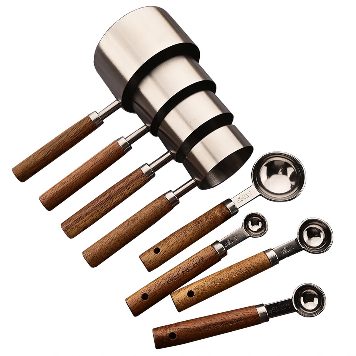 

8 pieces Measuring Cups Set and Measuring Spoons Set with Scale Wooden Handle Stainless Steel for Cooking Baking серебряный