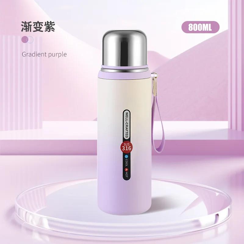 600/800ml 316 Stainless Steel Insulated Water Bottle, Leakproof Outdoor Flask with Carry Strap for Hiking