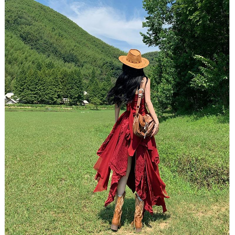 Vacation Retro Red Dress Women's Cold Feeling Multi-level Irregular Tube Top Birthday Dress