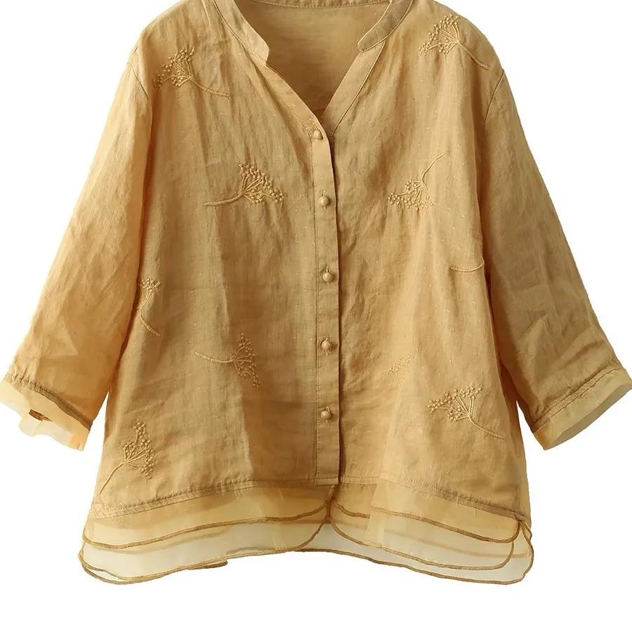 Women's Summer Literary Retro Embroidery Blouse Splicing Temperament Comfortable Tops