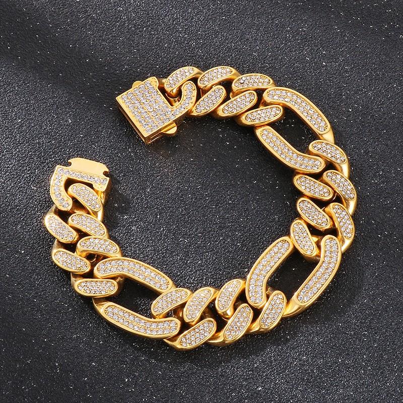Hip Hop Shiny Rhinestones Bracelet for Men Women High Quality Zircon Cuban Miami Charm Chunky Figaro Chain Gold Color Jewelry