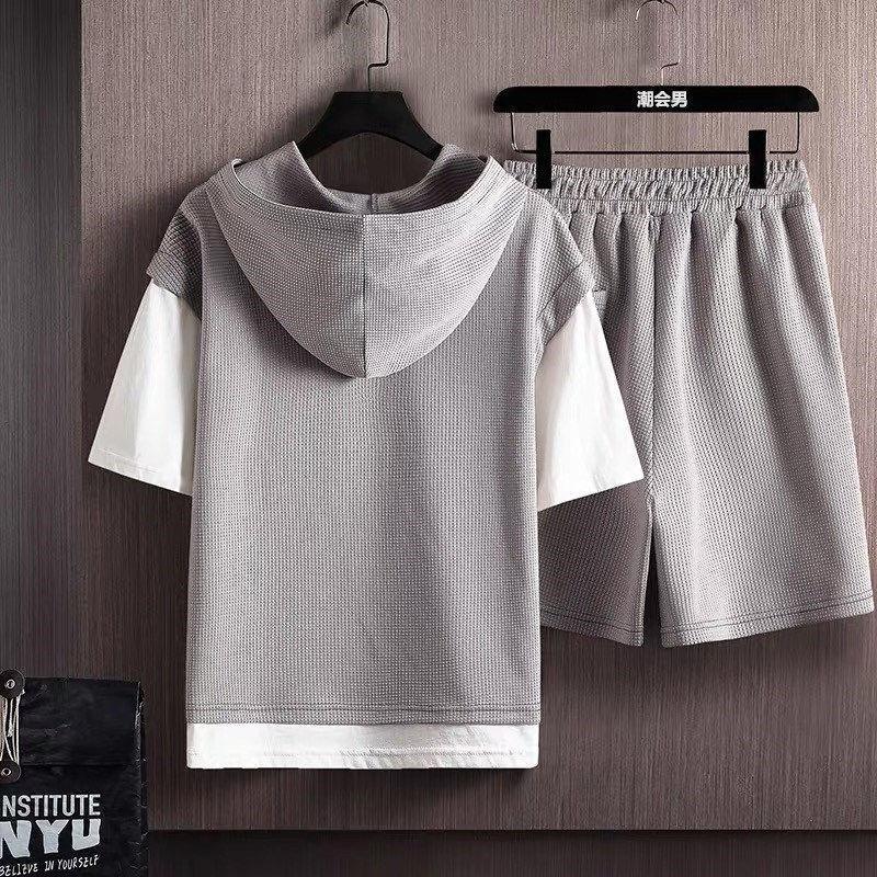 Moda Uomo Estiva Maglietta a Maniche Corte Waffle Morbida Comfort Casual Uomo Comoda Taglia Grande Set Sportivo