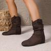 Round Toe Pleated Stack Boots Women's 2025 Winter New Plus-size Retro Sleeve Wedge Mid-leg Boots
