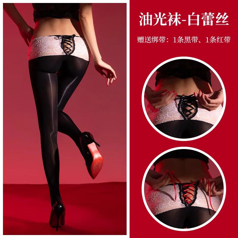 

Fashion Bandage Pantyhose Sexy Lace Waist Low Oil Shiny Glossy Tights Woman Lingerie High Elastic Vintage Panties Pantyhose Open Crotch