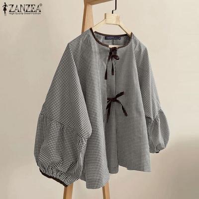 Women Autumn Round Neck Plaid Lantern Long Sleeve Blouses