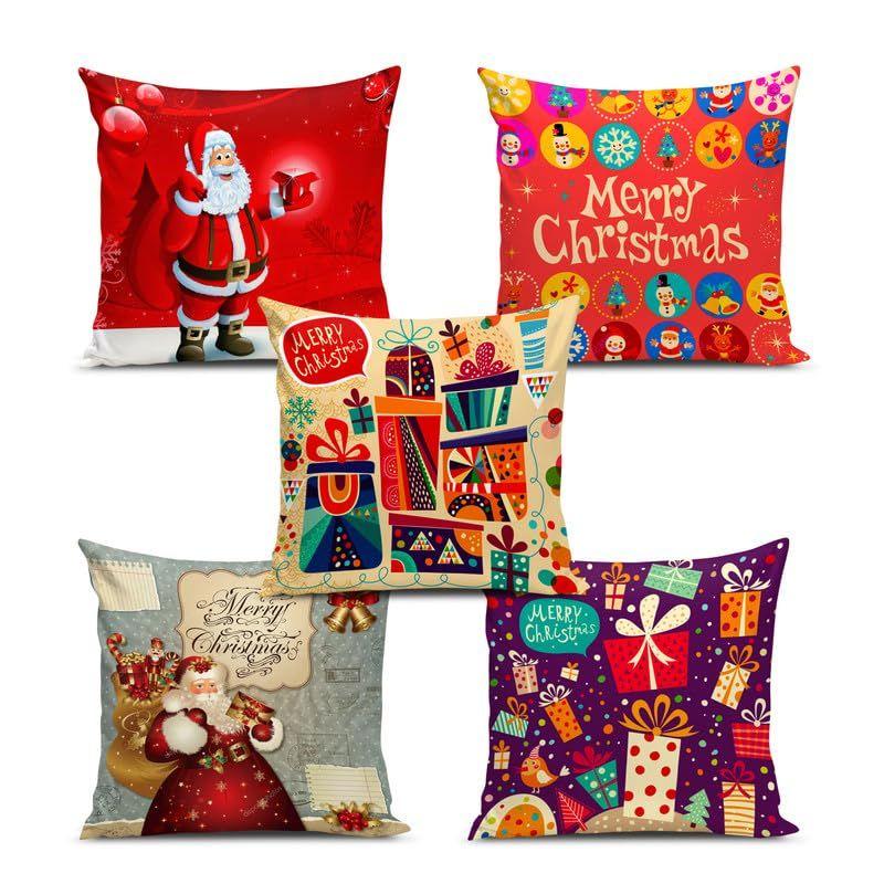 Soft Fabric Designer Decorative Printed Merry Christmas Theme Cushion Cover Xmas Decorations for Sofa Living Room Set of 5 12 X 12 Inch Multi