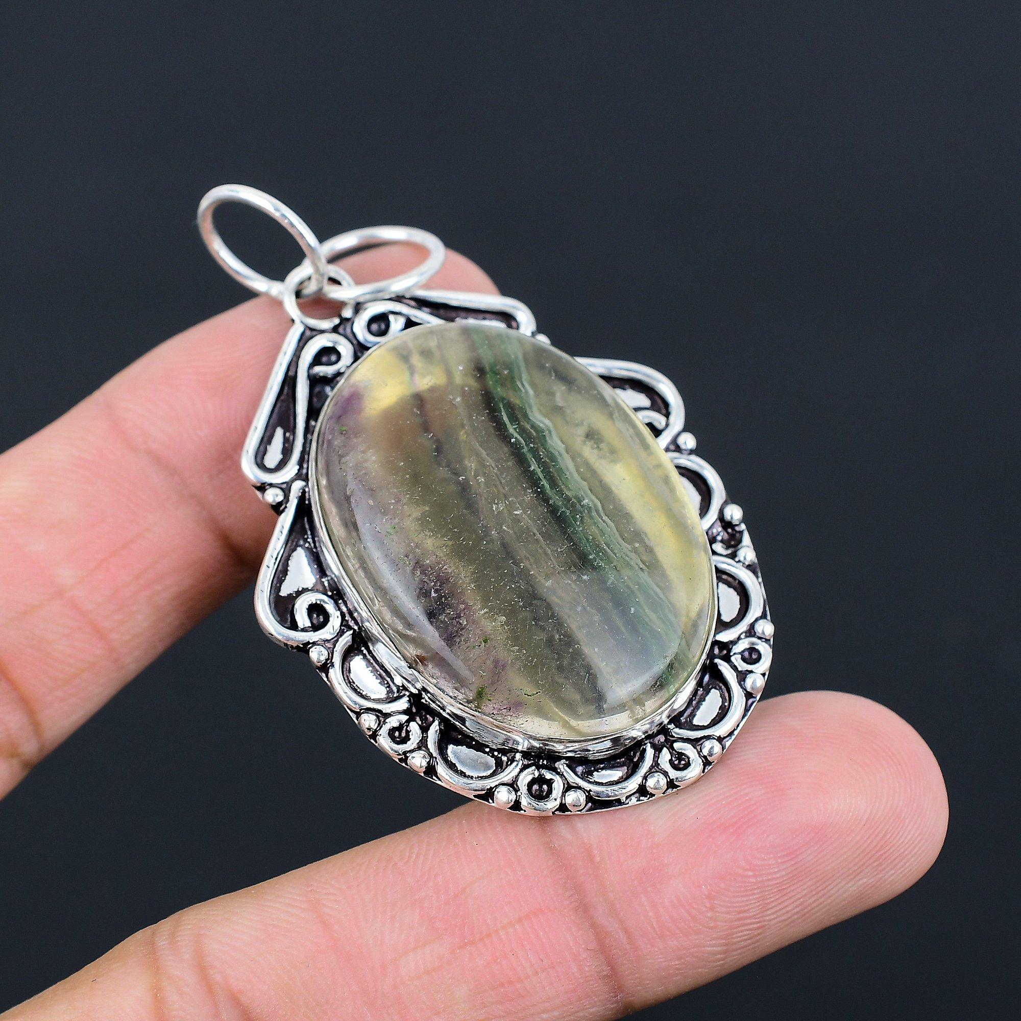 Daughters Day Sale Oval Multi Fluorite Stone Bezel Pendant 925 Sterling Silver
