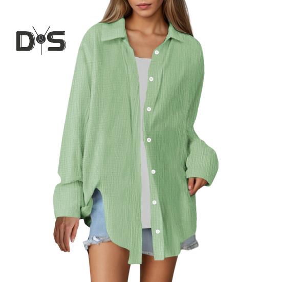 

Женская рубашка с лацканами, длинным рукавом, пуговицами, планкой, однотонная, свободного кроя, легкая в уходе, мятая рубашка S светло-зеленый
